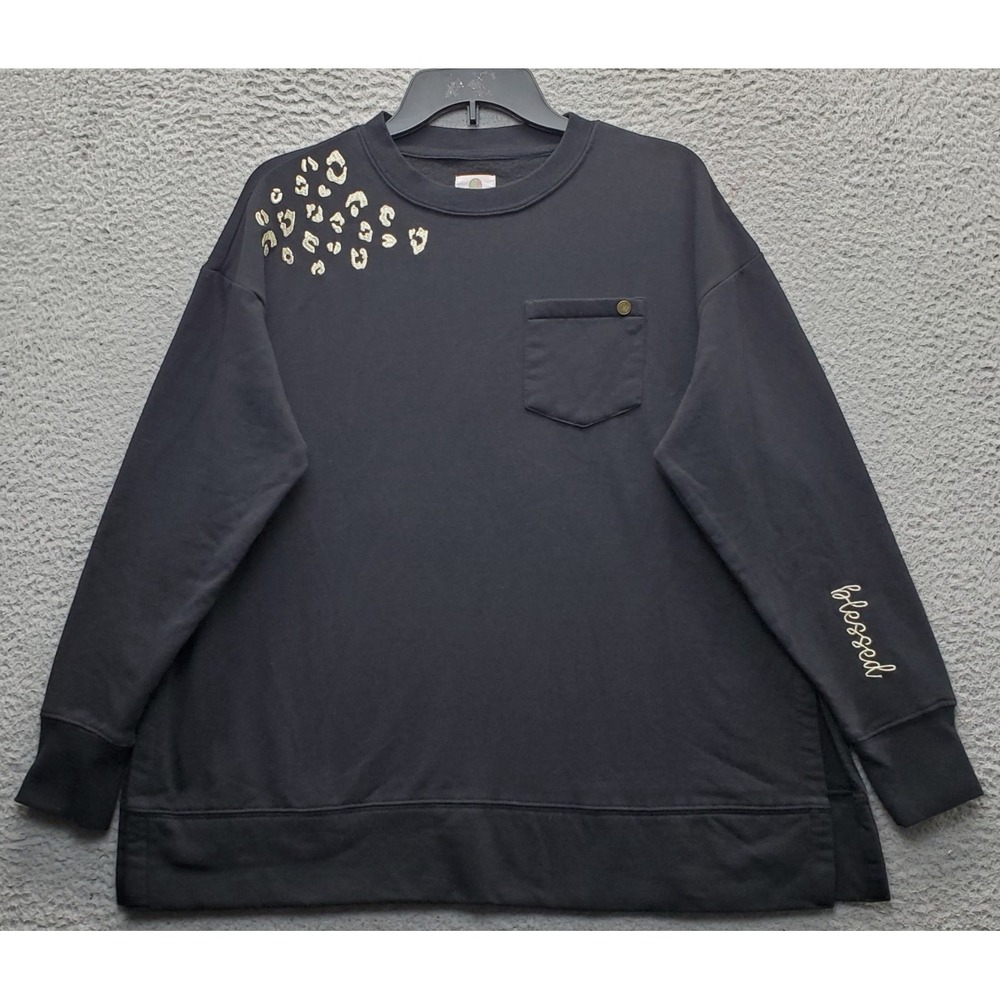 Marleylilly Blessed Sweatshirt Womens S Black Embroidered Leopard Print Pullover